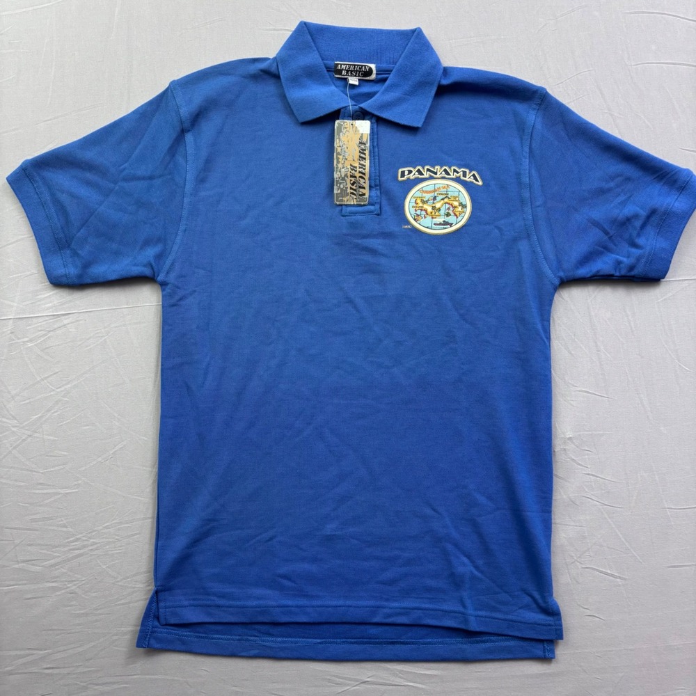 Vintage American Basic Panama Souvenir Polo Shirt Blue Mens‎ Medium NWT 805